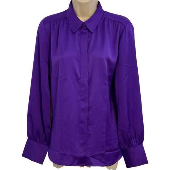Medium Ann Taylor Long Sleeve Blouse Button Up Silk Feel Purple High Neck Fancy - Picture 1 of 6